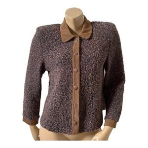 Vintage Megan Lee Sweater Womens Petite 12P Boucle Cardigan Brown Button Front